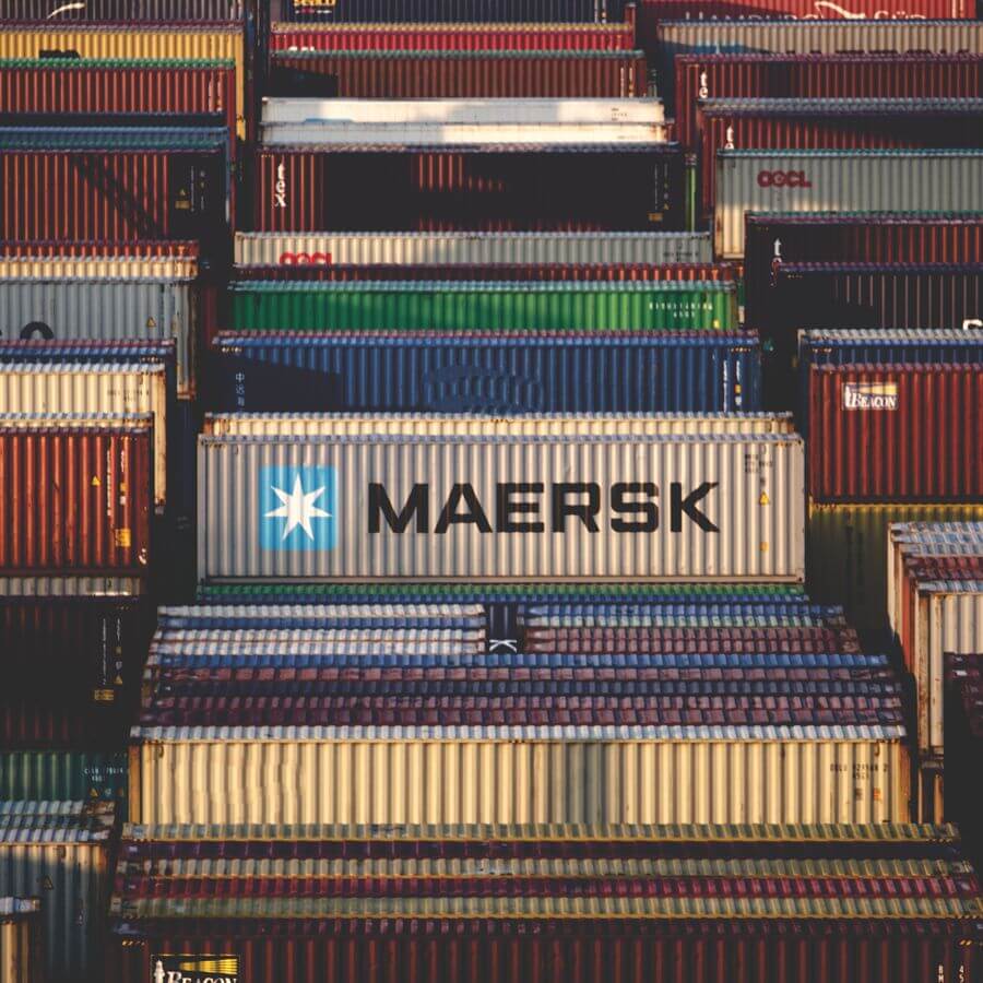 Shipping containers stacked at a port terminal